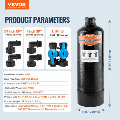 Saltfritt avkalkningsmedel för hela huset, vattenfilter för stadsvatten, 580 000 gallon vattenavkalkningsmedel för hela huset för alla typer av rör, 1" BSPT och 3/4" BSPT, för familjer med 2-3 personer