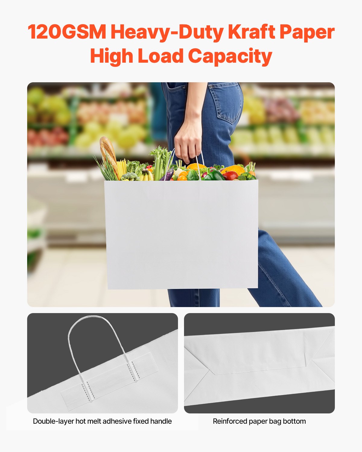 Kraft Paper Bags with Handles, 50Pcs 16 x 6 x 12 in, Large Paper Grocery Bags, Reusable & Recycled Take-Out Sacks, Plain Party Bag Bulk for Birthday, Wedding, Business, Goody, White