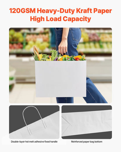 Kraft Paper Bags with Handles, 50Pcs 16 x 6 x 12 in, Large Paper Grocery Bags, Reusable & Recycled Take-Out Sacks, Plain Party Bag Bulk for Birthday, Wedding, Business, Goody, White