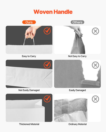 Kraft Paper Bags with Handles, 50Pcs 16 x 6 x 12 in, Large Paper Grocery Bags, Reusable & Recycled Take-Out Sacks, Plain Party Bag Bulk for Birthday, Wedding, Business, Goody, White