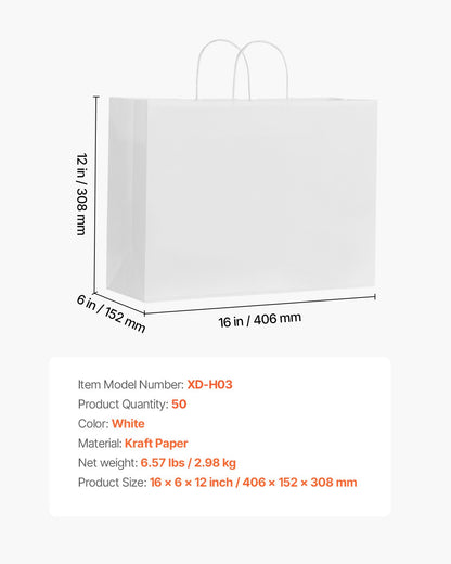 Kraft Paper Bags with Handles, 50Pcs 16 x 6 x 12 in, Large Paper Grocery Bags, Reusable & Recycled Take-Out Sacks, Plain Party Bag Bulk for Birthday, Wedding, Business, Goody, White