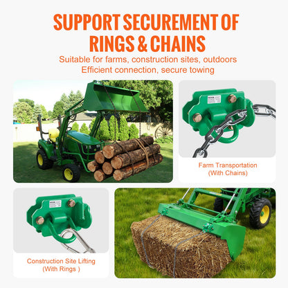 3/8" traktorskopkrokar med surrningsring, smidd stålklass 70, 2-pack bultade gripkrokar med bakplattor, fungerar bra för traktorskopa, husbil, UTV, lastbil, maximal brottstyrka 15 000 lbs, grön