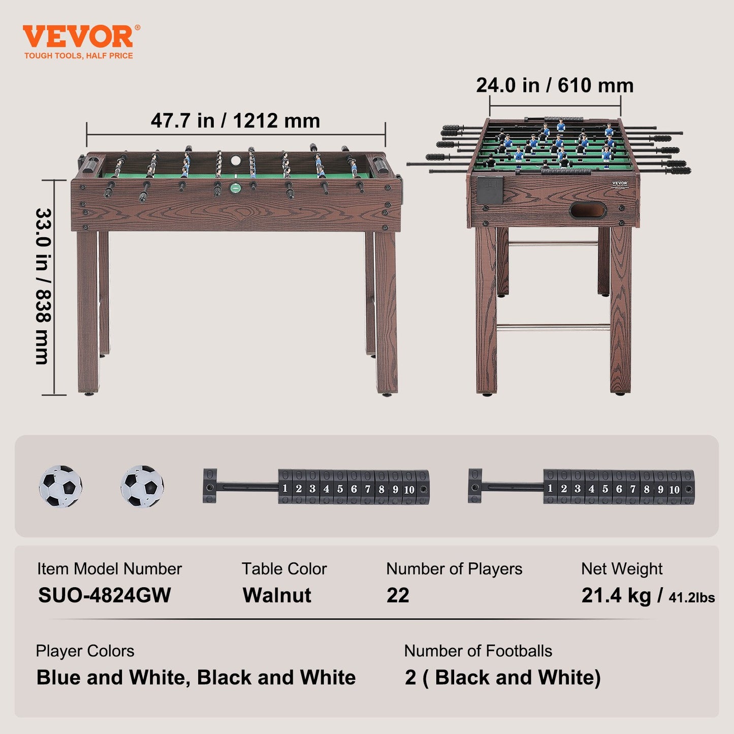 Foosball Table, 48 inch Standard Size Foosball Table, Indoor Full Size Foosball Table for Home, Family, and Game Room, Soccer with Foosball Table Set, Includes 2 Balls and 2 Cup Holders