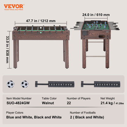 Foosball Table, 48 inch Standard Size Foosball Table, Indoor Full Size Foosball Table for Home, Family, and Game Room, Soccer with Foosball Table Set, Includes 2 Balls and 2 Cup Holders