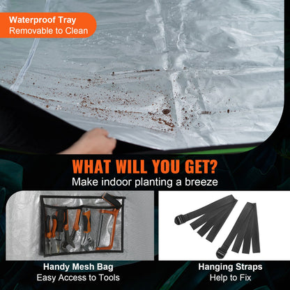 10x10 odlingstält, 120'' x 120'' x 80'', högreflekterande 600D Mylar hydroponiskt odlingstält med observationsfönster, verktygsväska och golvbricka för odling av inomhusväxter